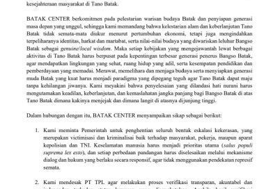 BATAK CENTER Mendesak Pemerintah untuk Menghentikan Konflik di Tano Batak